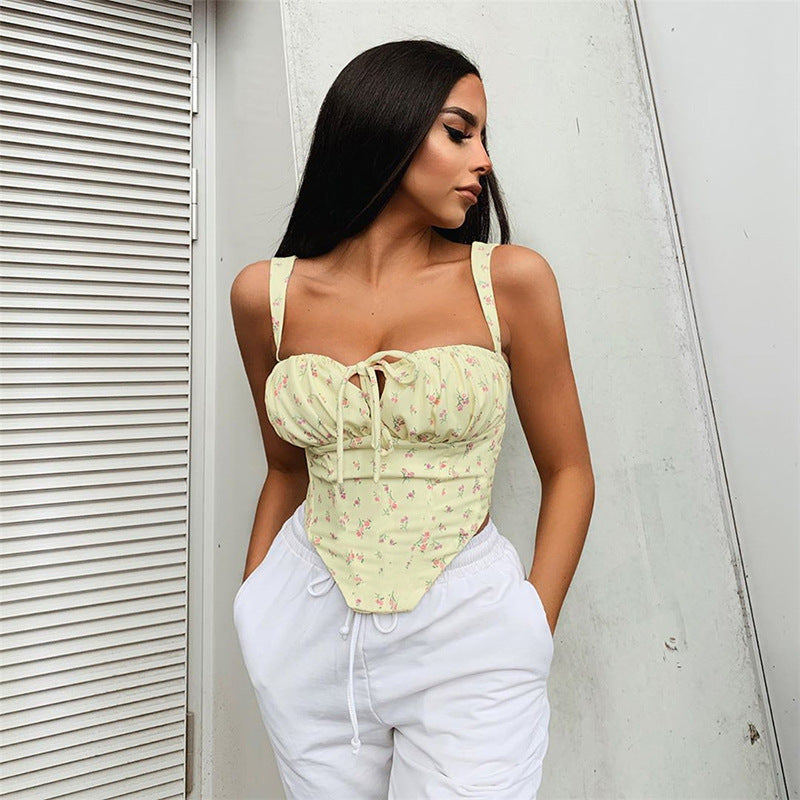 Summer New Ladies Suspenders One-Word Neck Fashion Street Style Sexy Slim Printed Corset