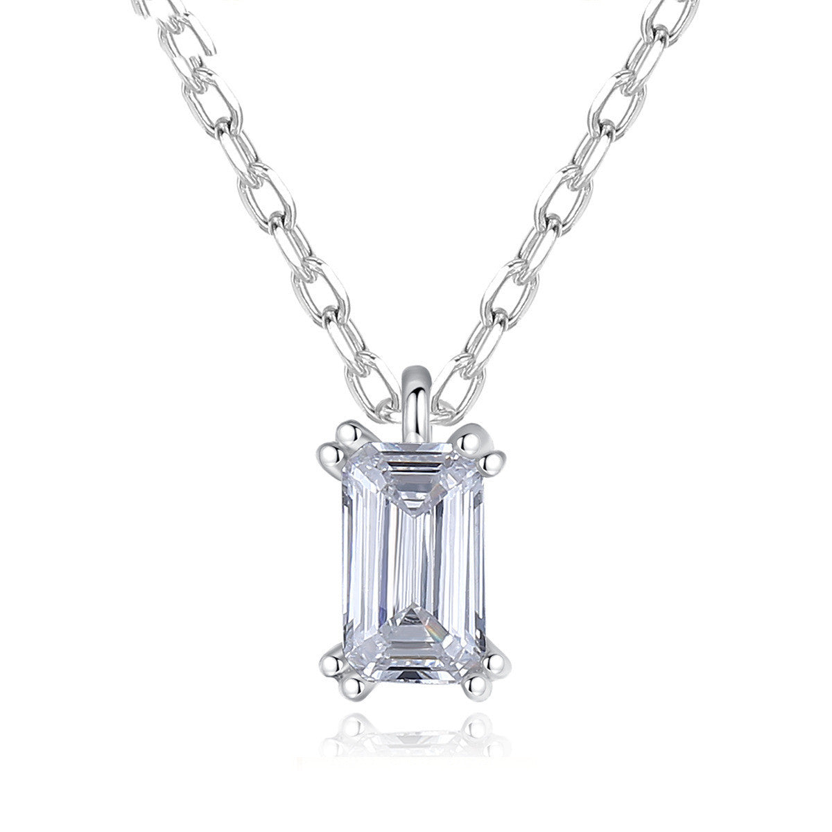 Sterling Silver Pendant Necklace Women Exquisite Emerald Cut Zircon Necklace Jewelry