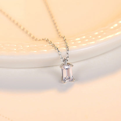 Sterling Silver Pendant Necklace Women Exquisite Emerald Cut Zircon Necklace Jewelry