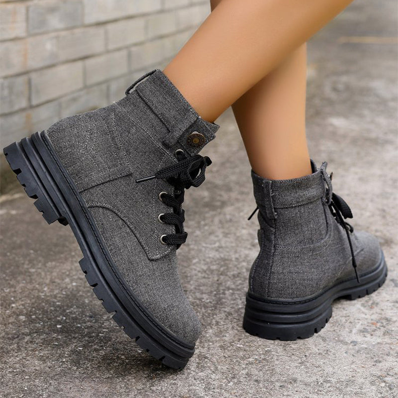 Lace-up Denim Ankle Boots Women Fashion Platform Cowboy Boots Casual Fashion Autumn Winter Round Toe Shoes