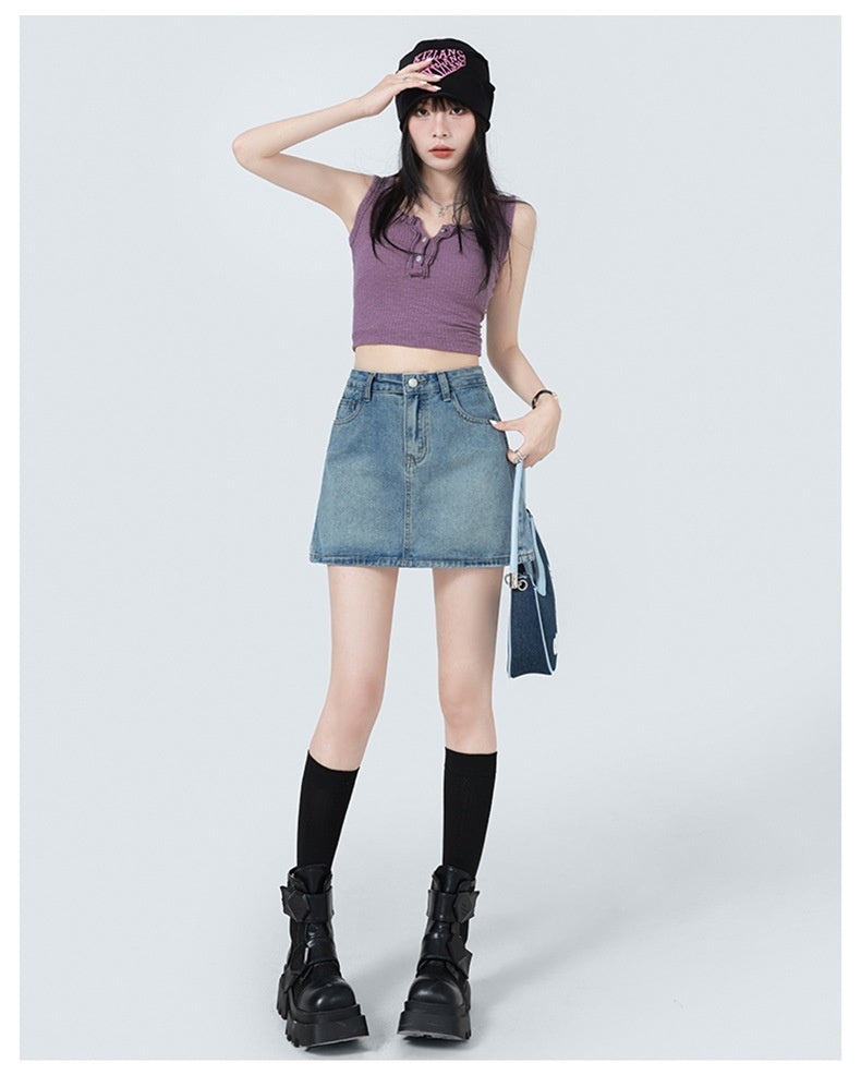 Summer Denim Skirt Lining High Waist A- Line Skirt