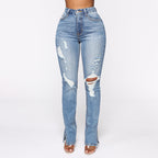Split Jeans Women's, Blue Water Washed Hole High Waist