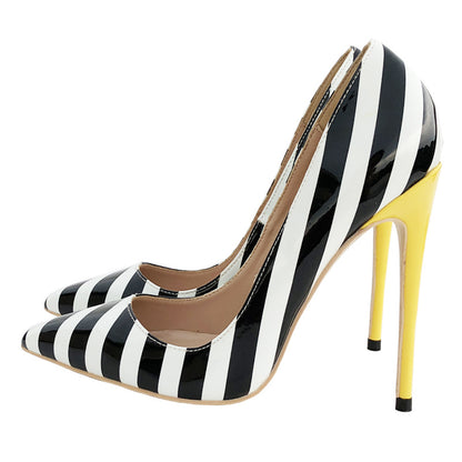 Striped patent leather point-toe pumps