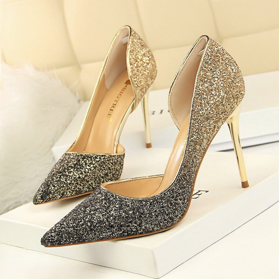 Gradient color block sequined high heels