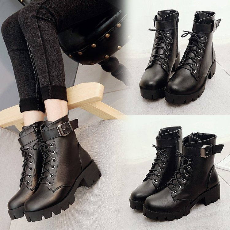 Short boots buckle thick-soled lace-up Martin boots women