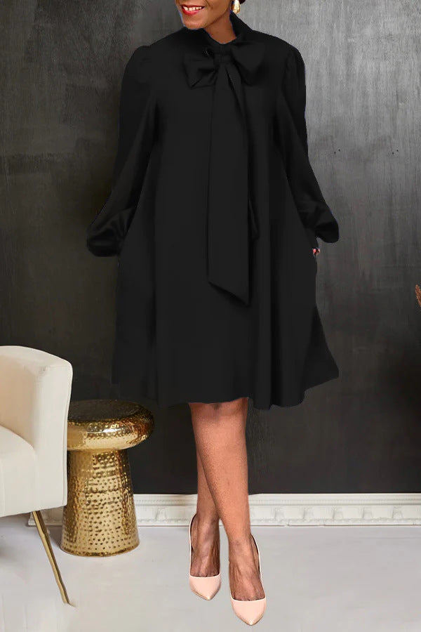 Women's Pure Color Tied Bow Lantern Long Sleeve Dress