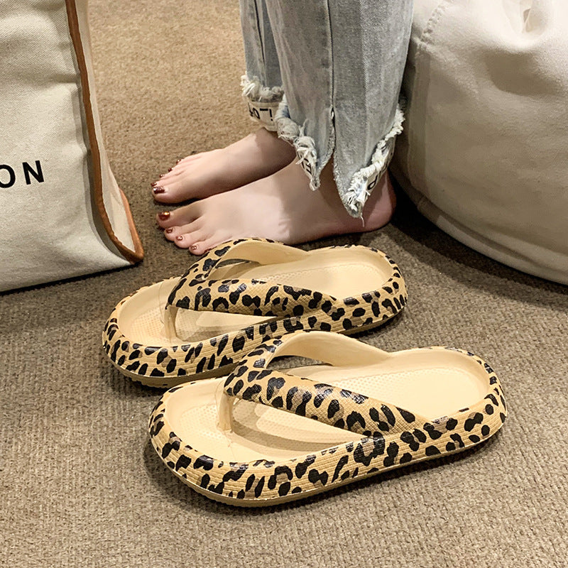 Herringbone Slippers Women Wear Summer Clip Toe Thick Sole Leopard Print