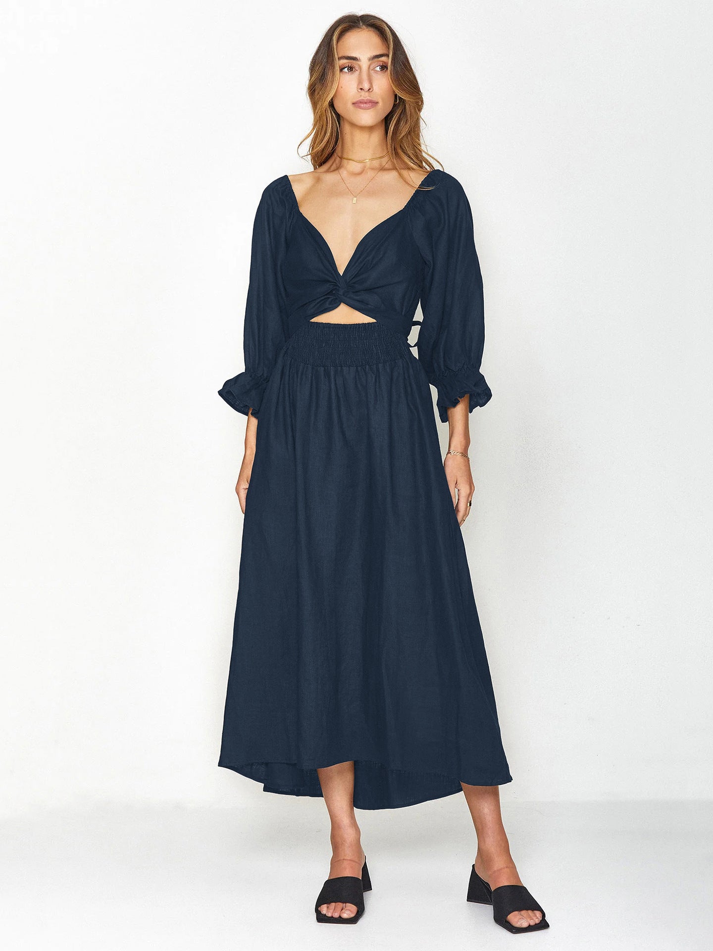 Women's Rope Belt Ruffled Lantern Sleeves Dress