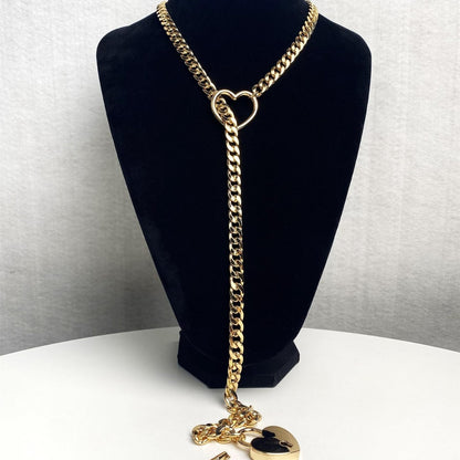 Fashion Jewelry 2024 New Slip Chain Necklace Heart O-Ring Rock Cuban Long Necklace Adjustable Heart Shaped Lock Core With Key