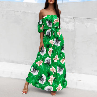 Women's Fashion Word Collar Pleated Printing Slip Shoulder Sleeve Printing Dress