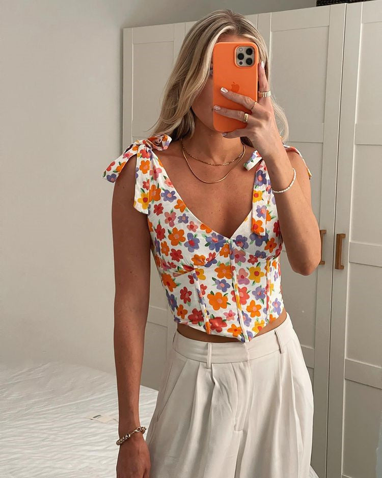 Women's Sexy Printed V-Neck Pleated Cropped Tie Top Women