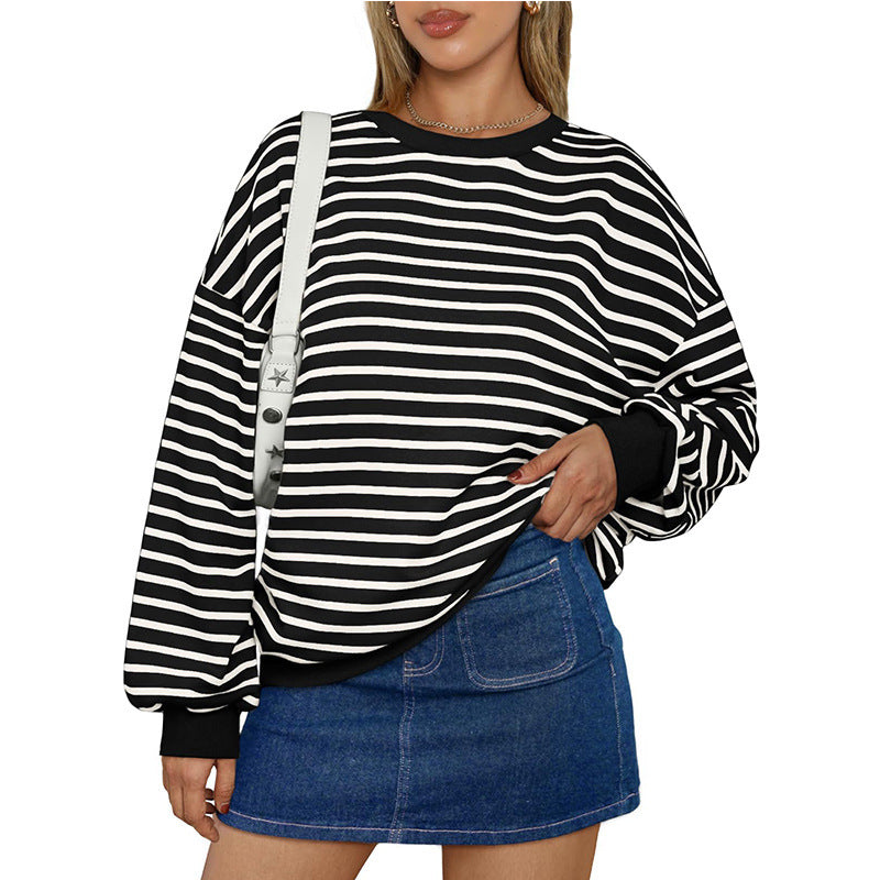 Women's Colorful Striped Round Neck Loose Sweatshirt