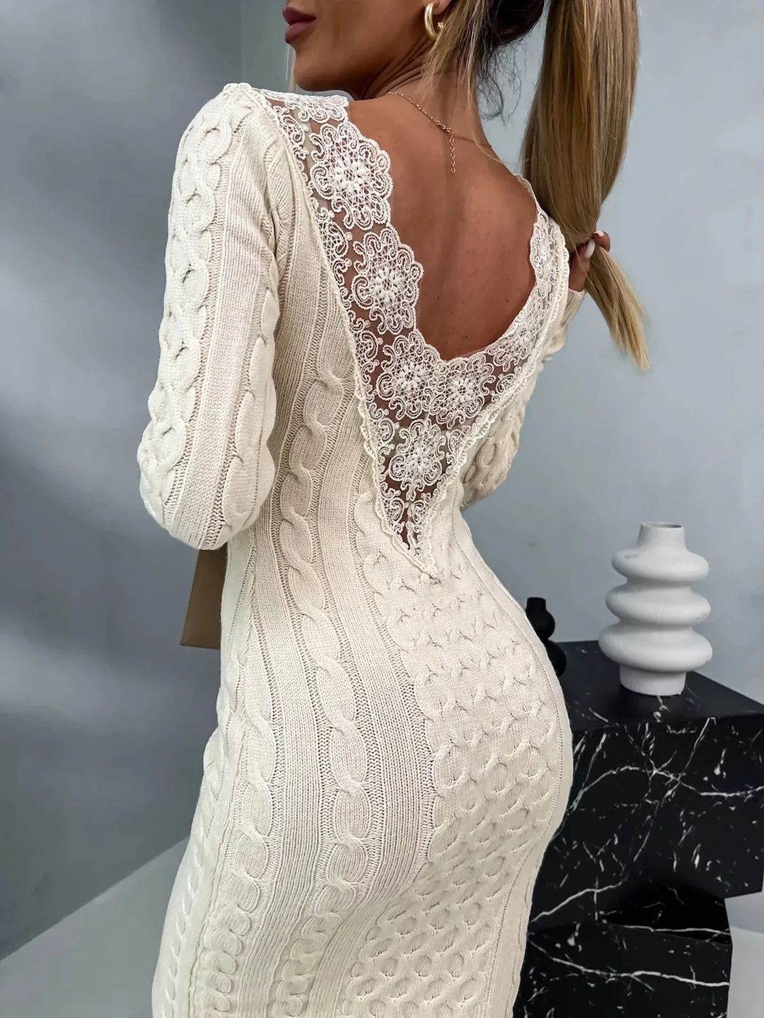 Casual V-neck Patchwork Lace Sweater Dress