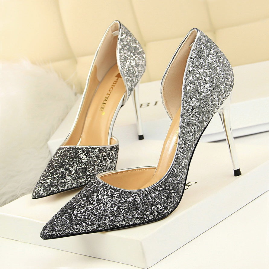 Gradient color block sequined high heels