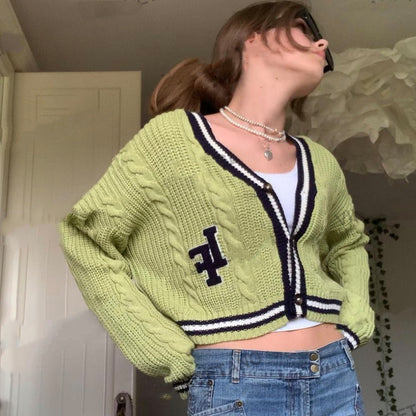 American Vintage Green V-Neck Cropped Knit Jacket