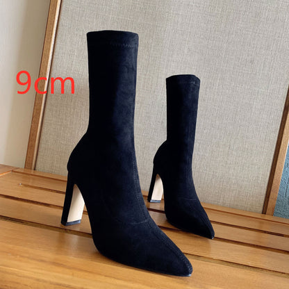 Square heel mid-tube high heels