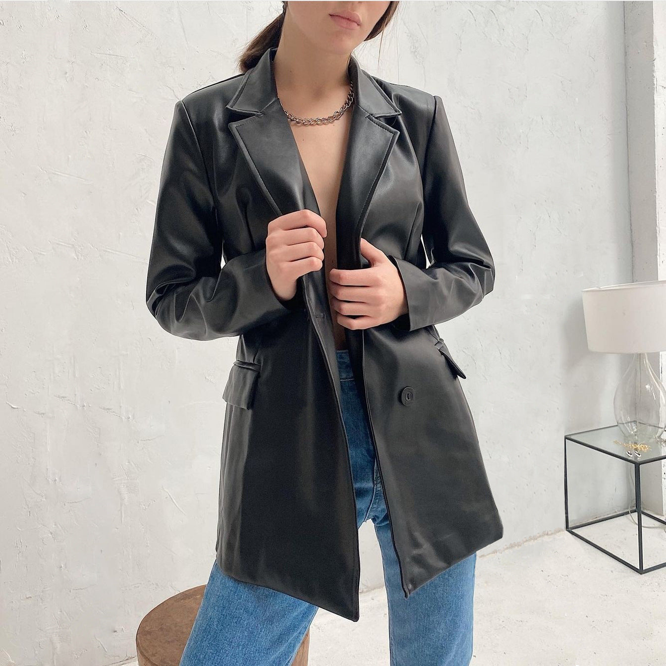 Solid color suit collar fake pocket women's leather jacket