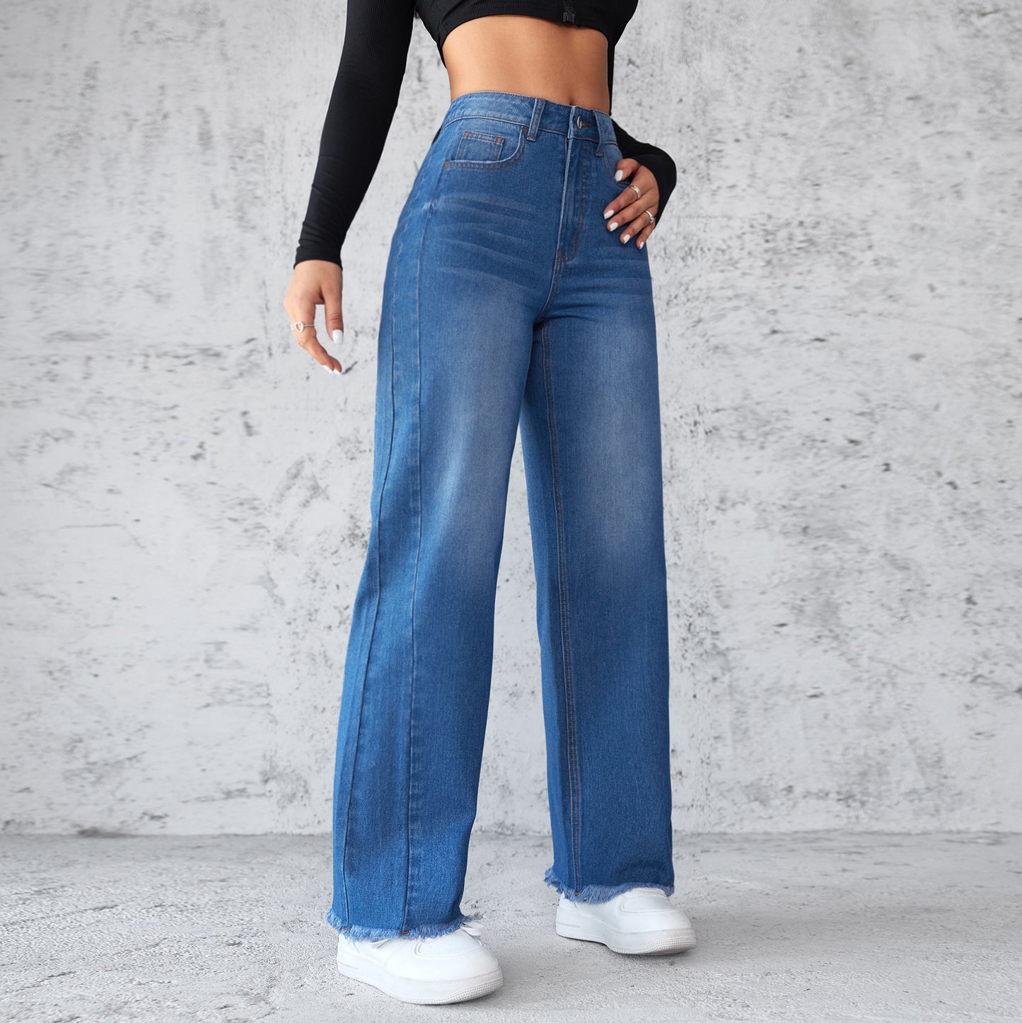 Fashion Straight Wide Leg Jeans Casual High Waist Non Elastic Women's