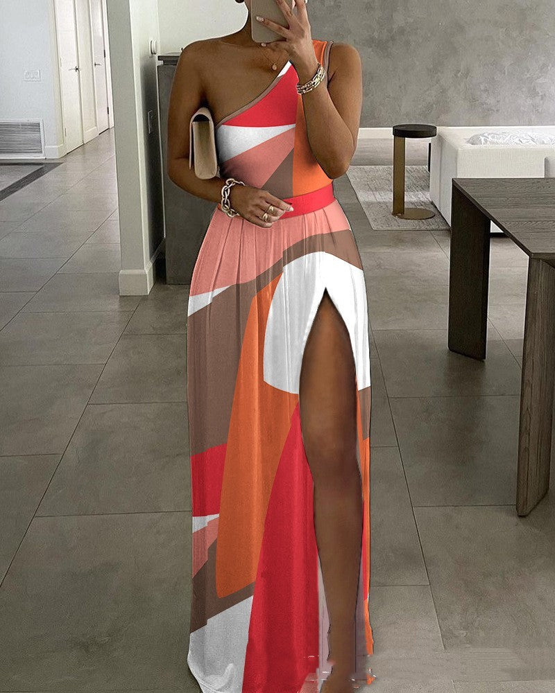 Women's Printed One-shoulder Slit Dress