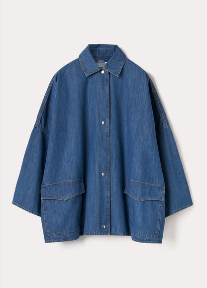 Cotton A- Line Style Drop-shoulder Mid-length Denim Coat