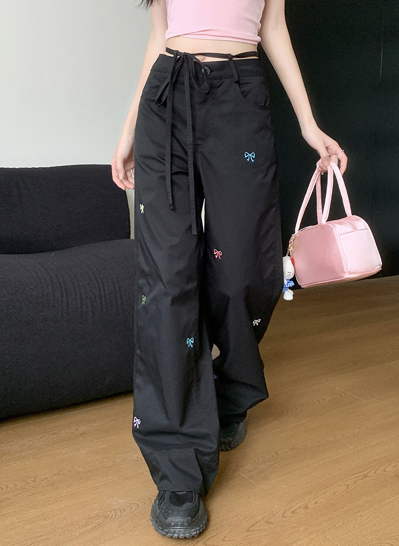 Bowknot Embroidered Straight Wide-leg Pants Loose Slimming