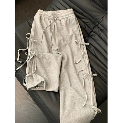 Women's Korean-style Vintage Bow Lace Up Straight Sweatpants