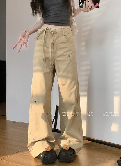 Bowknot Embroidered Straight Wide-leg Pants Loose Slimming