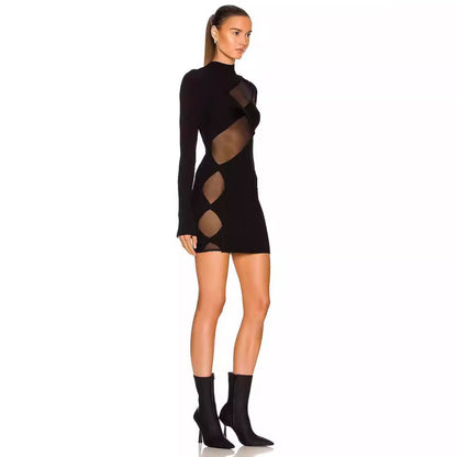 Black Cut-out Slim Fit Patchwork Temperament Dress