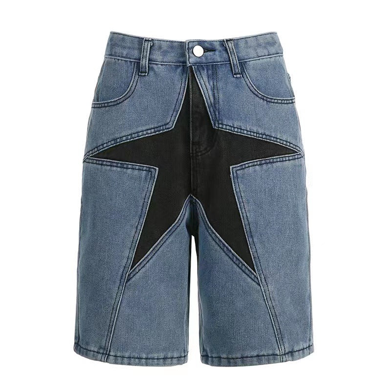 Loose Contrast Color Five-pointed Star Patch Denim Pants