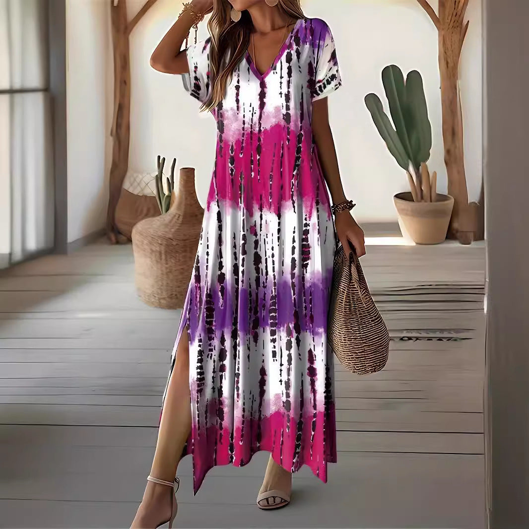 Summer Casual V-neck Short Sleeve Loose Tie-dye Printing Dress