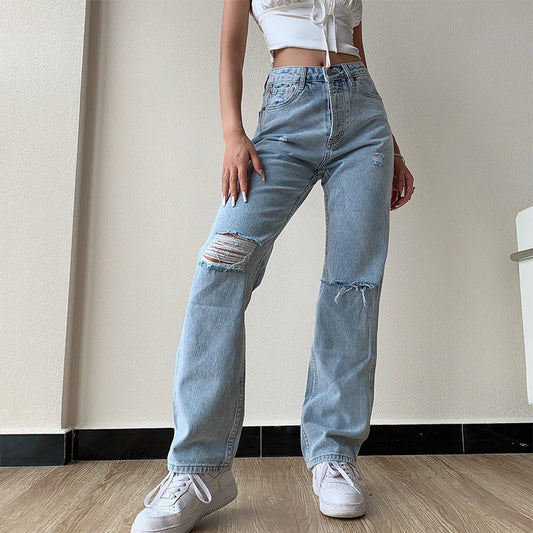 High Waist And Thin Straight Tube Slim Hole Jeans Women's Trousers