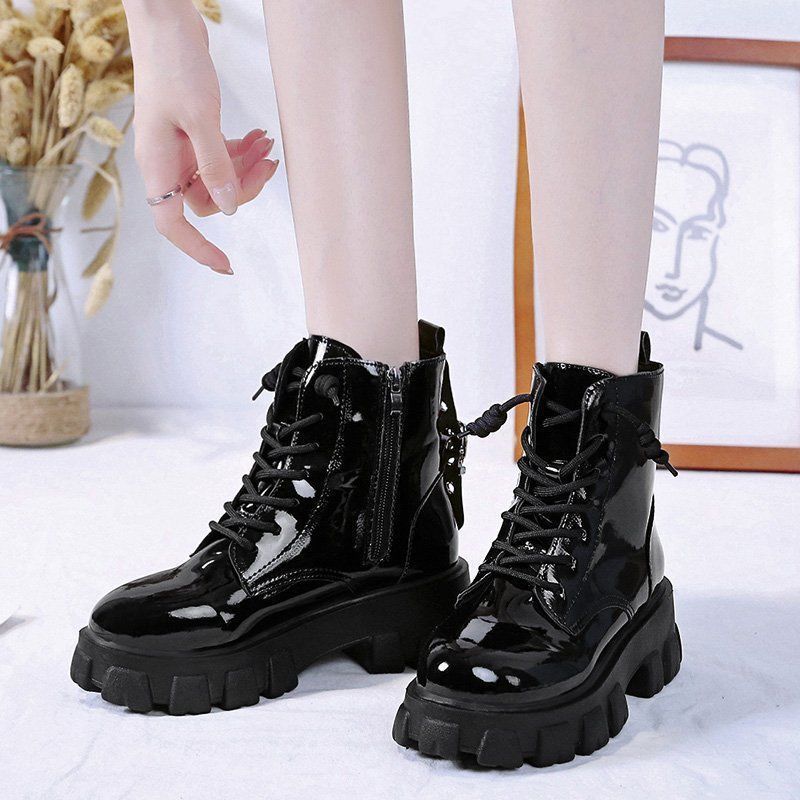 British Style Handsome Patent Leather Lace-up Motorcycle Boots