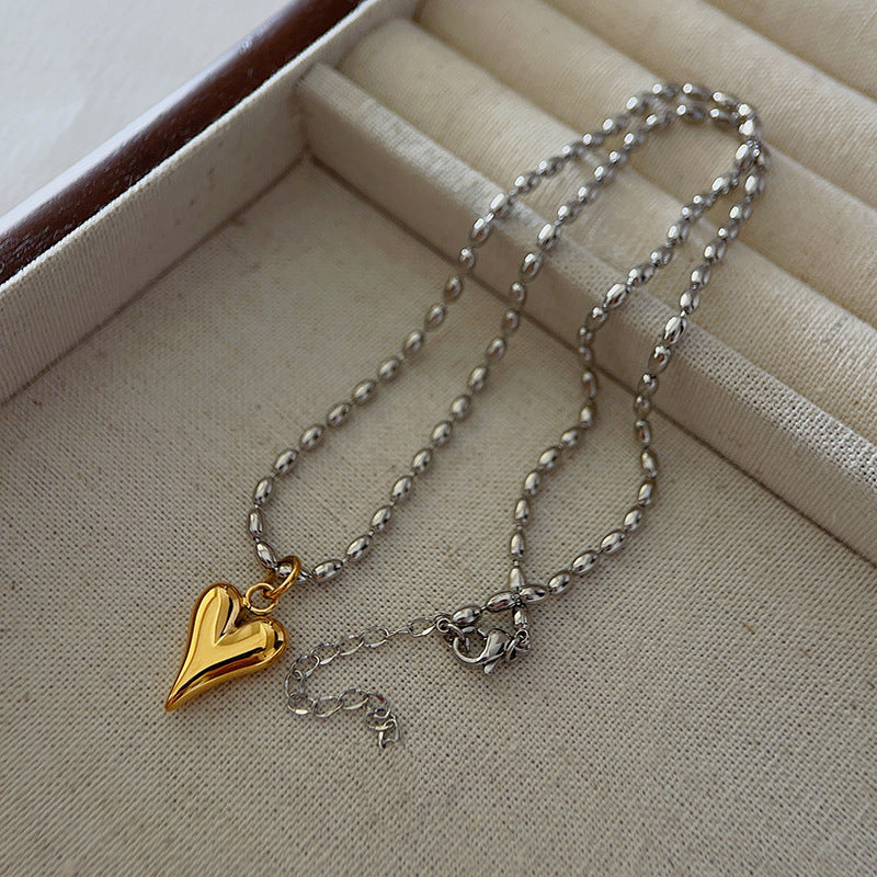 Special-interest Design Gold And Silver Color Matching Titanium Steel Heart Bead Necklace For Women