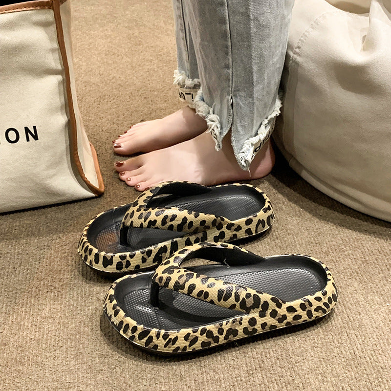 Herringbone Slippers Women Wear Summer Clip Toe Thick Sole Leopard Print