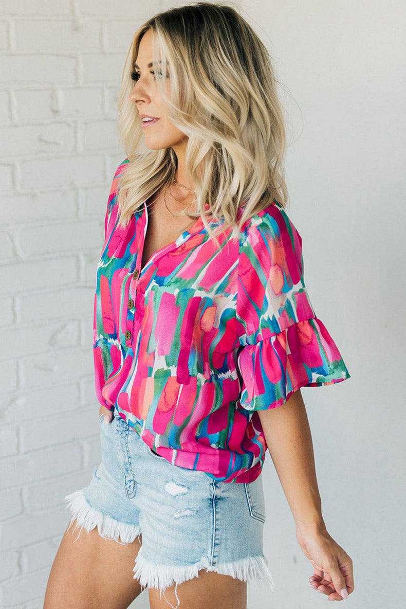 Women's Spring V-neck Chiffon Shirt Printed Short-sleeved Top