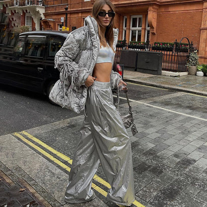 Silver Elastic Waist Loose Straight Slimming Wide Leg Pants