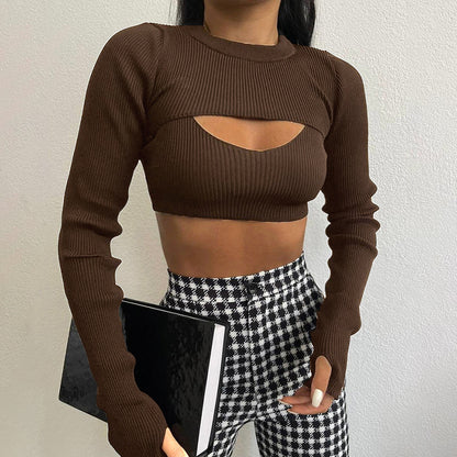 Brown Knitted Thread Slimming Two-piece Top For Women