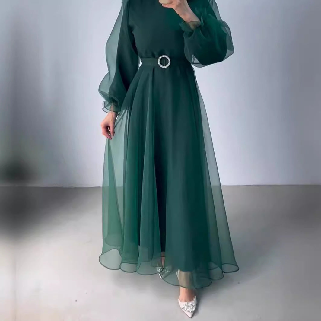 Half Turtleneck Mesh Elegant Slimming Lantern Sleeves Dress