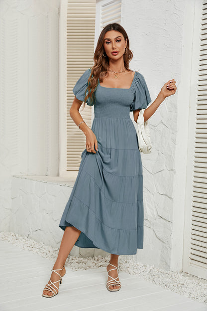 Summer Square Collar Backless Puff Sleeve Dress Women