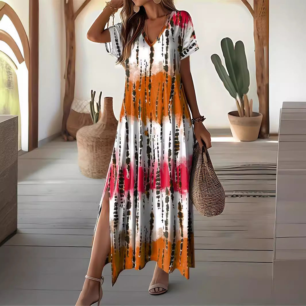 Summer Casual V-neck Short Sleeve Loose Tie-dye Printing Dress