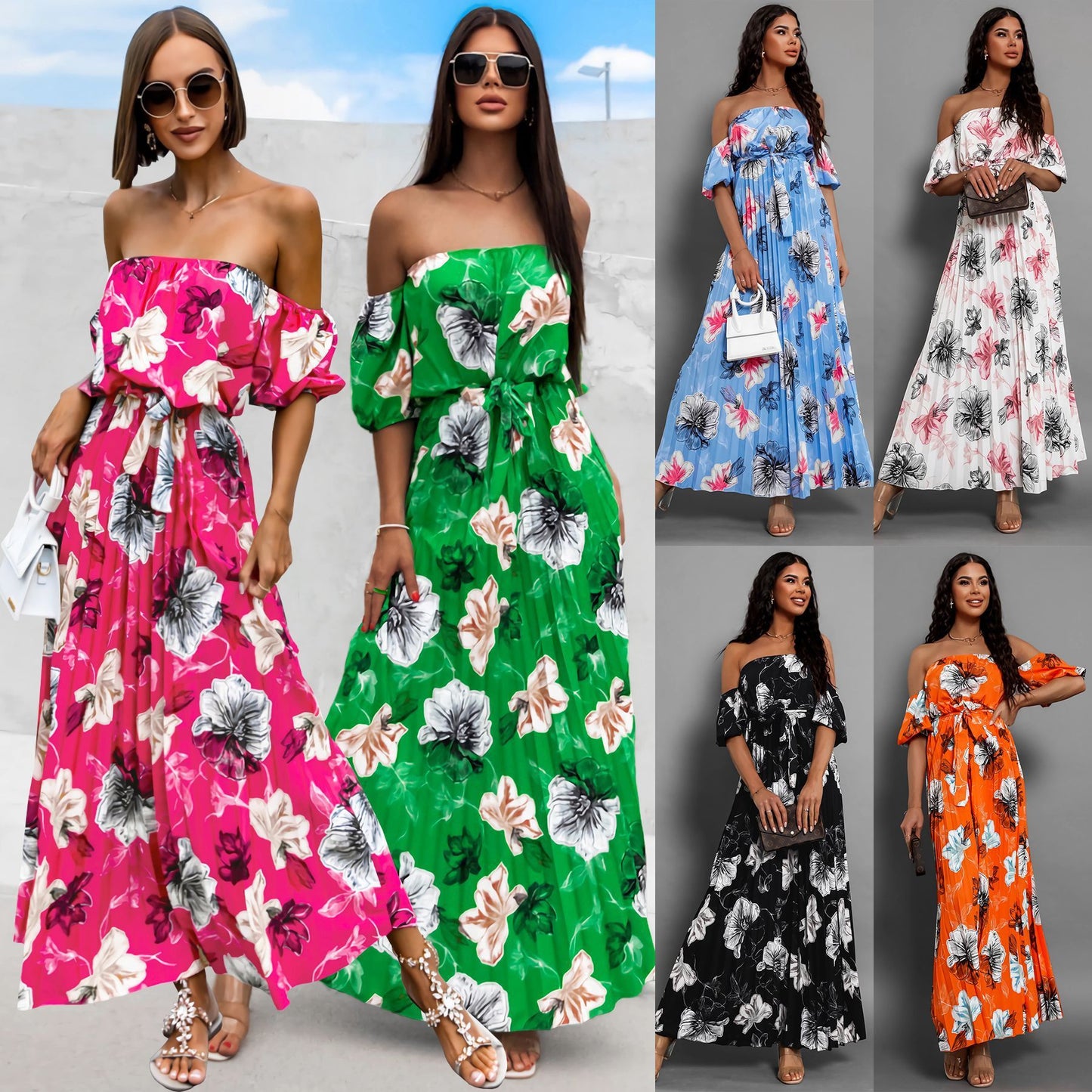 Women's Fashion Word Collar Pleated Printing Slip Shoulder Sleeve Printing Dress