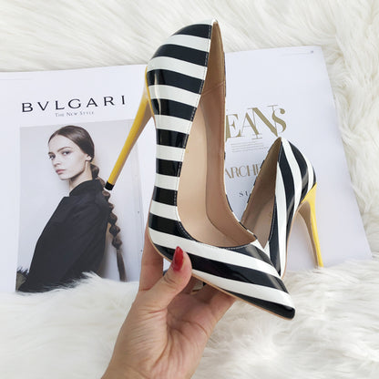 Striped patent leather point-toe pumps