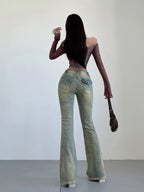 Women's American-style Rivet Wear High Waist Flared Jeans
