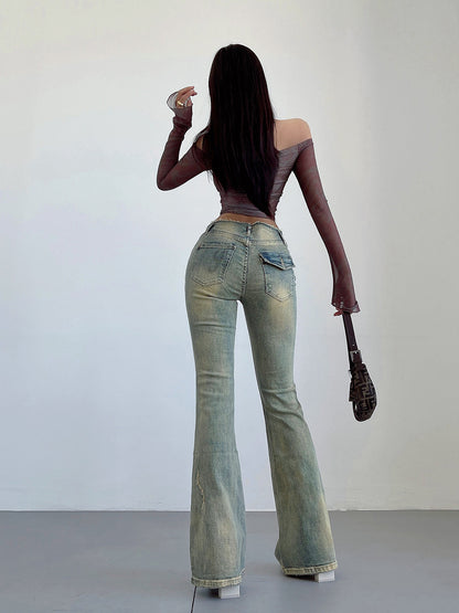 Women's American-style Rivet Wear High Waist Flared Jeans