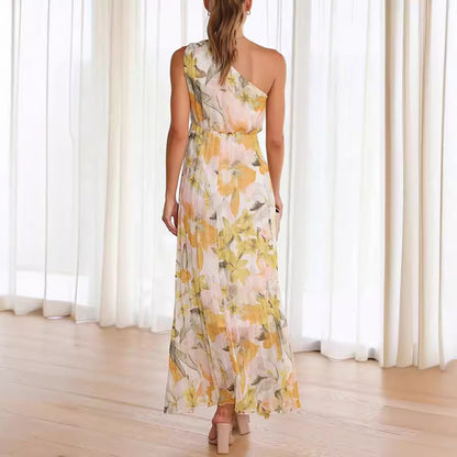 Summer Printed Oblique Shoulder Folding Elastic Waist Vacation Dress