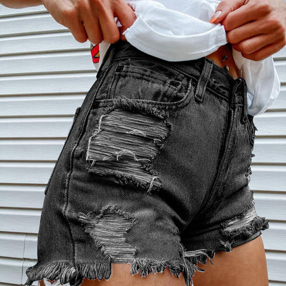 Printed Spring Summer  Denim Ripped Fringed Shorts