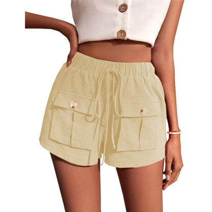 Women's Pocket Loose Mid Waist Drawstring Leisure Cargo Short