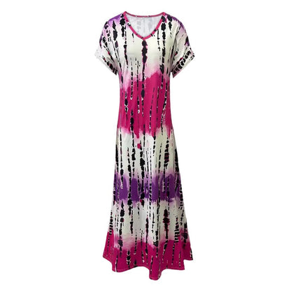 Summer Casual V-neck Short Sleeve Loose Tie-dye Printing Dress