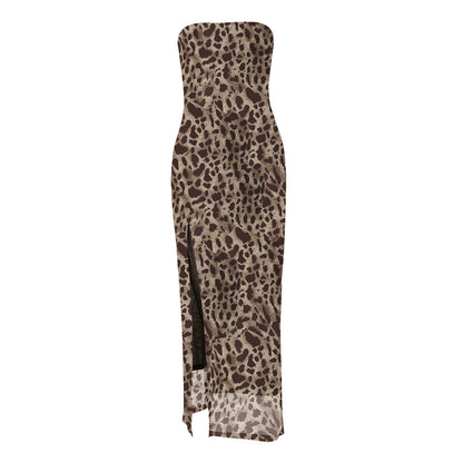 Leopard Print Tube Top Off-neck Side Split Dress