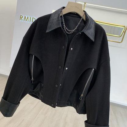 Women's PU Leather Stitching Short Woolen Coat